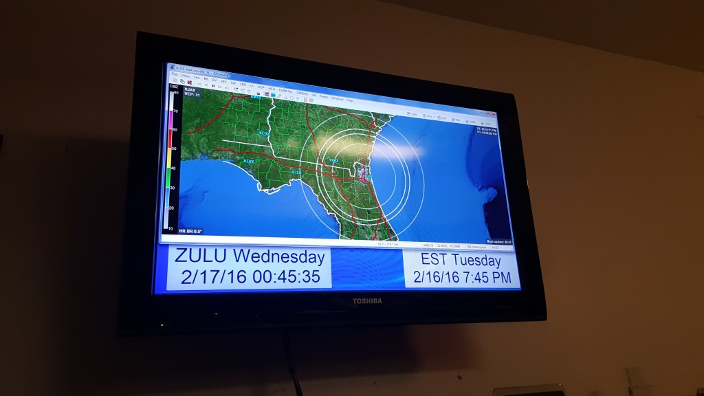 40" HD TV used to monitor weather in to the Jacksonville area and show time for Local & ZULU time zones.